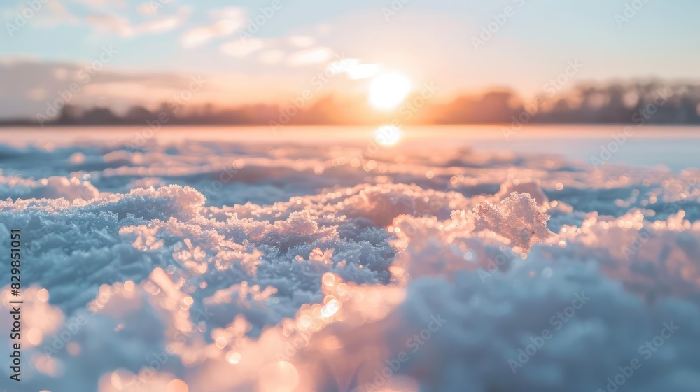 Fototapeta premium Serene winter sunrise, capturing the warm glow of the sun over a snow-covered landscape, reflecting hues of pink and blue for a tranquil scene.