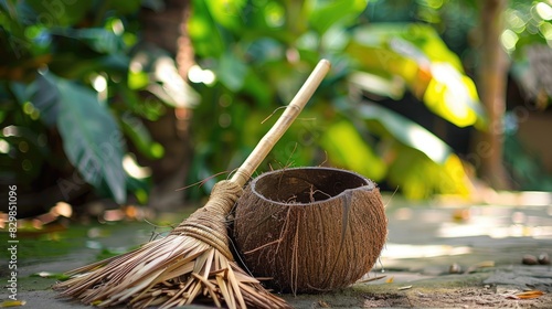 Cleaning instrument derived from coconut and palm sticks for tidying outdoor areas photo