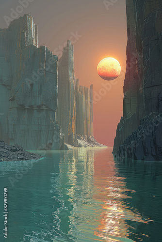 A 3D rendered depiction of a futuristic landscape featuring towering cliffs and water elements. This modern and minimalist abstract background creates a spiritual and zen ambiance,