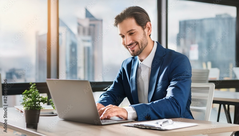Businessman working on laptop in office Businessman working on laptop in office