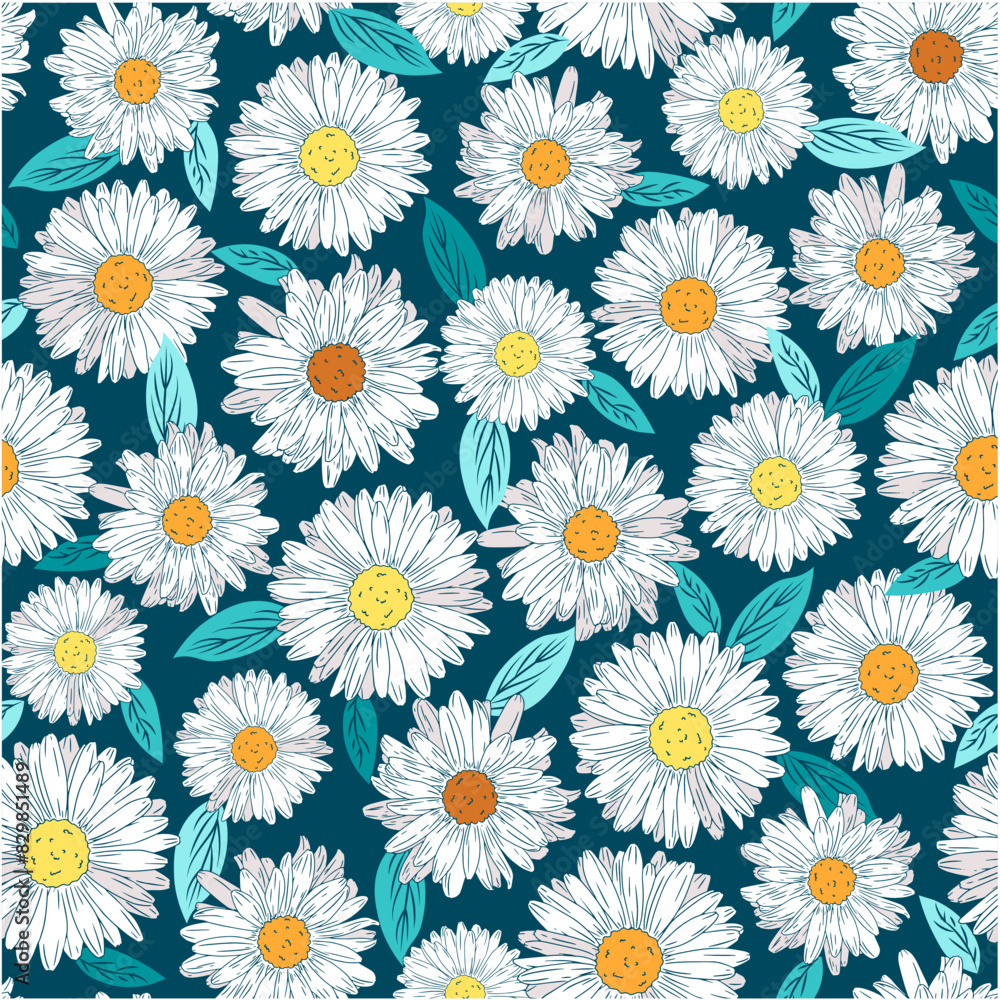 Seamless floral pattern. Yellow and white daisies flowers on a light blue background. Graphic textile texture with summer colors. Vector illustration.