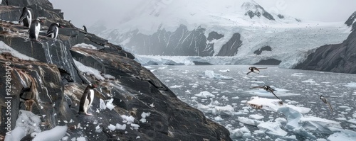 Penguins on icy rocky shore by frigid waters filled with icebergs in a remote, cold, and pristine Antarctic landscape.