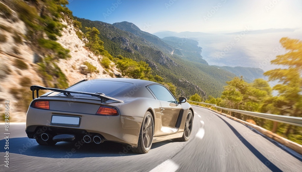 A sports car in motion, driving on a winding mountain road A sports car in motion, driving on a winding mountain road