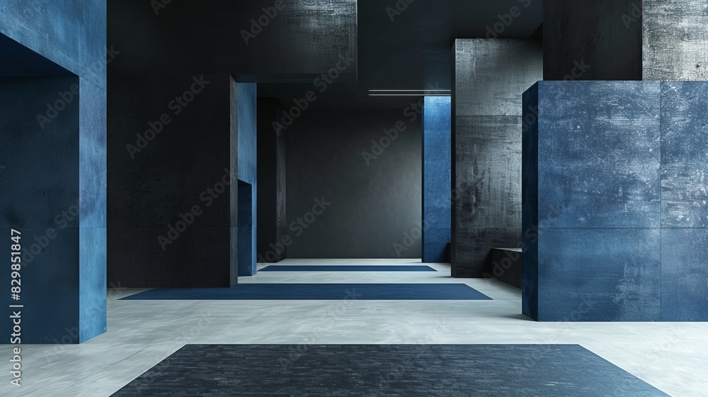 A modern, minimalist interior with blue and gray concrete walls and floors. The space features geometric shapes and a clean, industrial design A modern, minimalist interior with blue and gray concrete walls and floors. The space features geometric shapes and a clean, industrial design