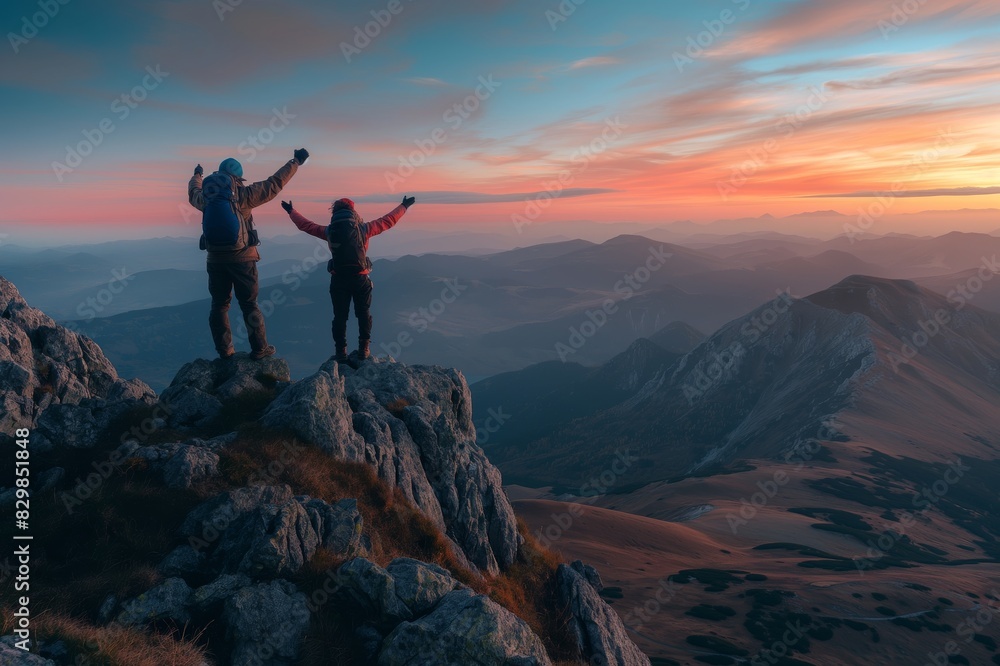 Zwei Wanderer feiern auf dem Berggipfel Zwei Wanderer feiern auf dem Berggipfel
