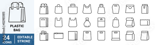 Plastic bag line web icons. Shopping bag. Paper market bag. Grocery bag outline vector signs and symbols collection.