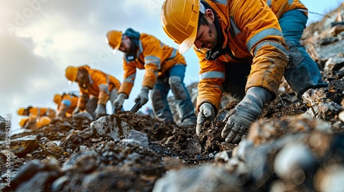 Workers in high visibility vests and hard hats are engaged in manual excavation work at a construction site