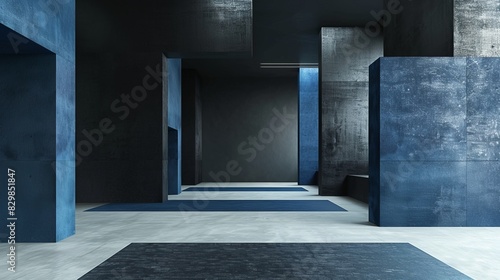 A modern, minimalist interior with blue and gray concrete walls and floors. The space features geometric shapes and a clean, industrial design