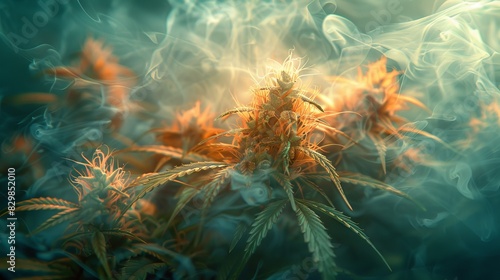 Vibrant cannabis buds immersed in warm, smoky light giving a fiery backdrop to the plants © familymedia