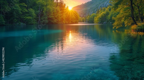 A serene scene with the sun setting over a forested lake  casting a warm glow and reflections on the water