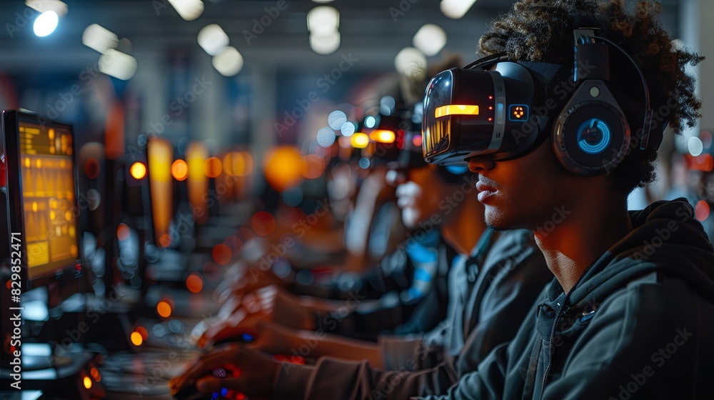 Gamers engaged in an immersive virtual reality experience during an eSports competition Gamers engaged in an immersive virtual reality experience during an eSports competition