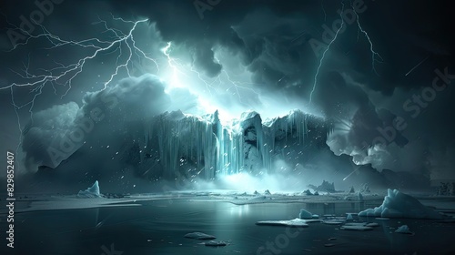 Dramatic and dark icy landscape with lightning striking over an arctic glacier, shrouded in storm clouds and illuminated by powerful lightning strikes. photo