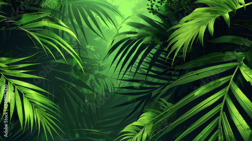 Dark and dense tropical jungle scene with palm leaves dominating the composition