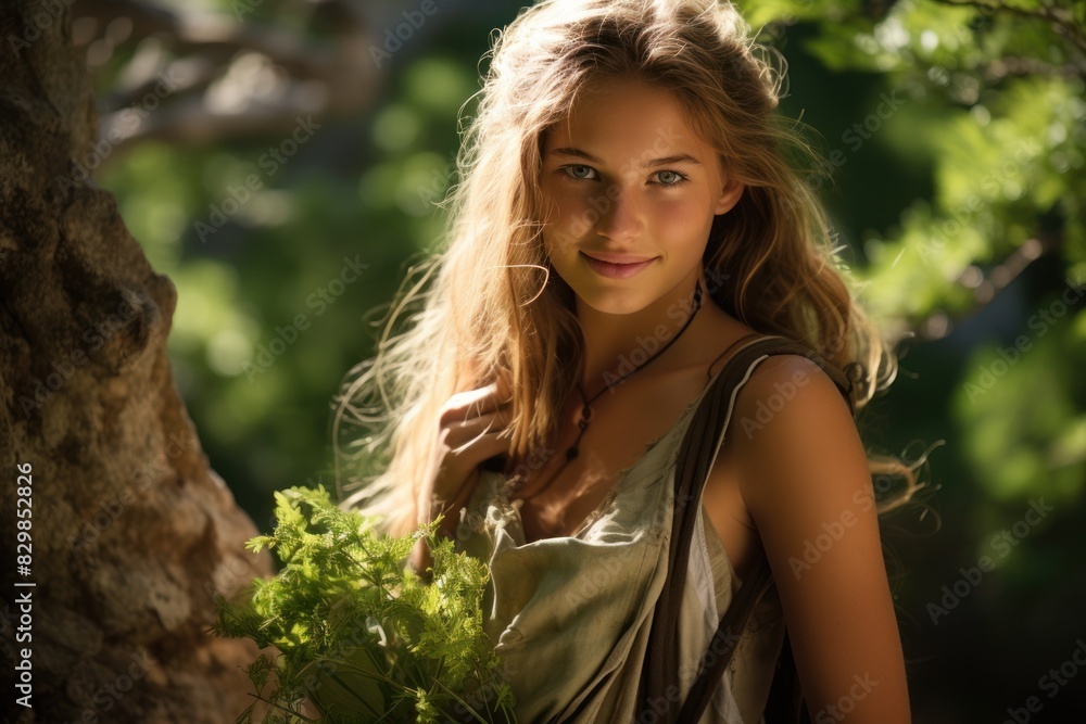 Portrait of a beautiful young woman gardening in green dress on the nature Portrait of a beautiful young woman gardening in green dress on the nature
