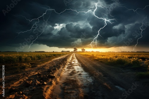 Stormy sky with lightning and mud road in field. Nature background. Agriculture and livestock concept photo