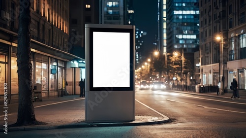 Empty vertical space advertisement board, blank white signboard on roadside in city, vertical blank billboard in city in night time, white signboard or lightbox on roadside for advertisement placement photo