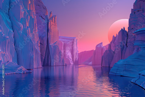 A 3D rendered depiction of a futuristic landscape featuring towering cliffs and water elements. This modern and minimalist abstract background creates a spiritual and zen ambiance,