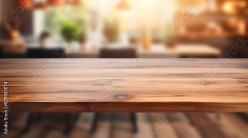 Wooden table for product presentation on blurred kitchen background. Generative AI. © Studicon