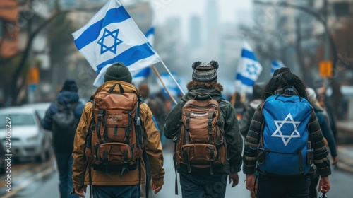 Individuals carrying backpacks and Israeli flags walk through an urban environment, symbolizing support and unity