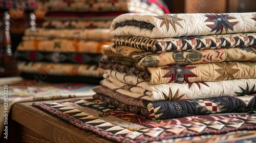A table adorned with handstitched quilts featuring symbols of the American West from cowboys to wild mustangs. photo