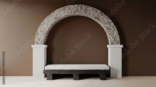 A minimalist interior design featuring a stone archway with a simple black bench and white cushion against a brown wall
