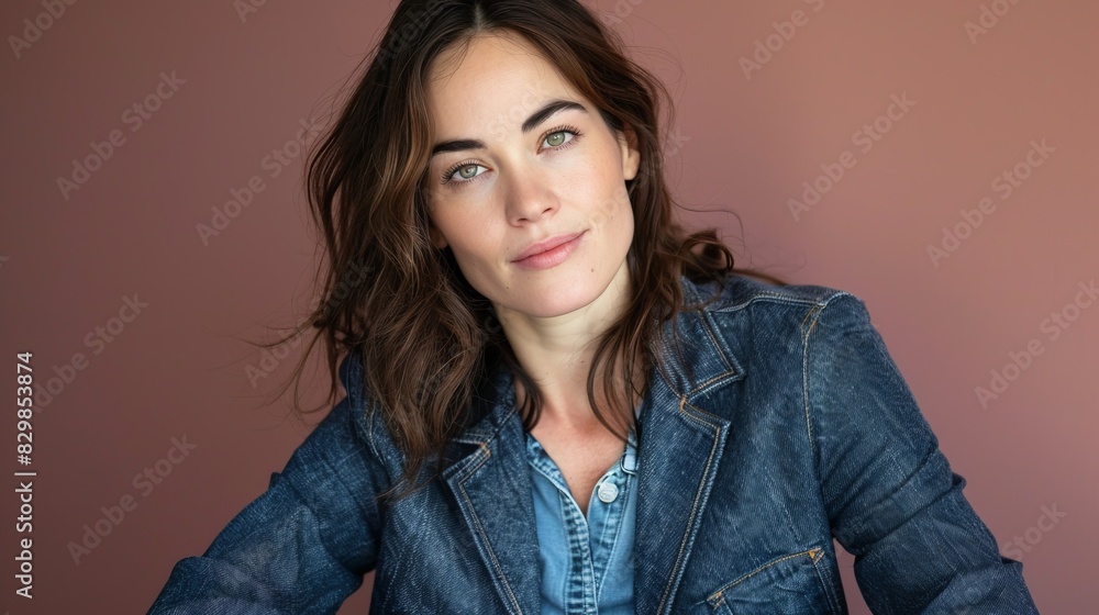 Portrait of a woman with wavy brown hair wearing a denim jacket against a plain background Portrait of a woman with wavy brown hair wearing a denim jacket against a plain background