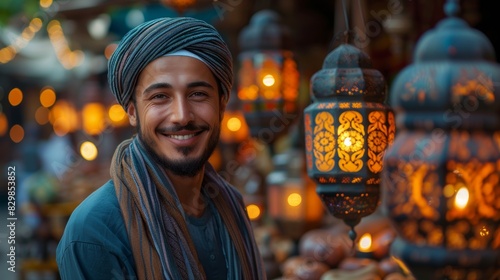 A man wearing a traditional turban smiles in an Eastern market with illuminated lanterns photo