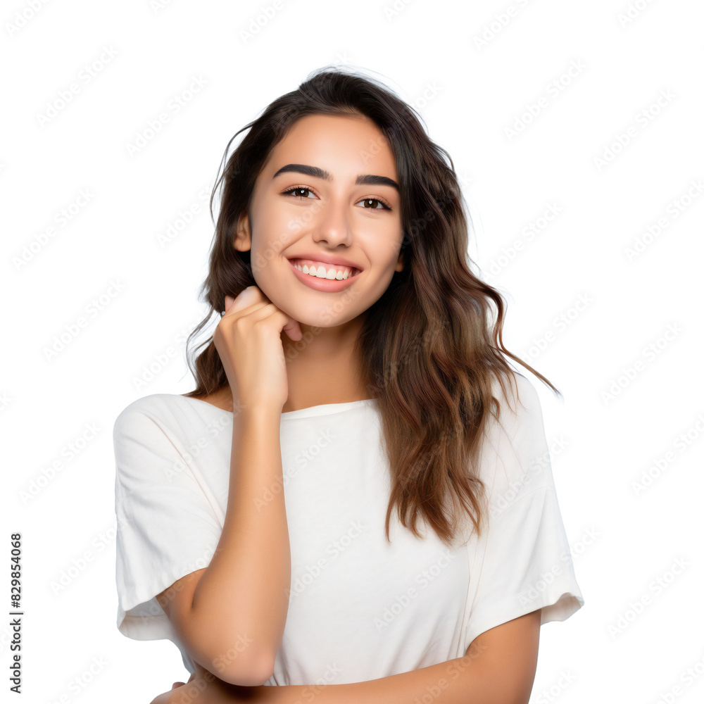 Smiling woman in white shirt with hand on chin against isolated background Smiling woman in white shirt with hand on chin against isolated background