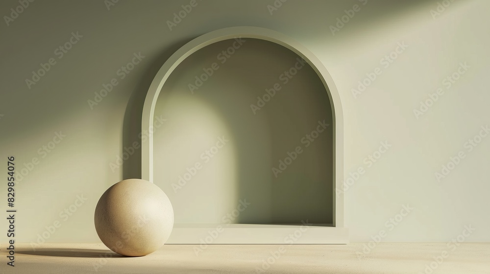 A minimalist scene featuring a beige spherical object next to an arched niche on a light-colored surface. The lighting creates soft shadows, enhancing the simplicity and elegance of the composition A minimalist scene featuring a beige spherical object next to an arched niche on a light-colored surface. The lighting creates soft shadows, enhancing the simplicity and elegance of the composition