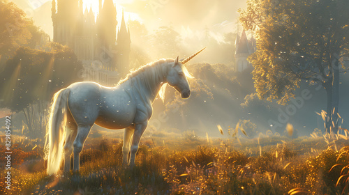 Majestic unicorn standing in fairytale landscape