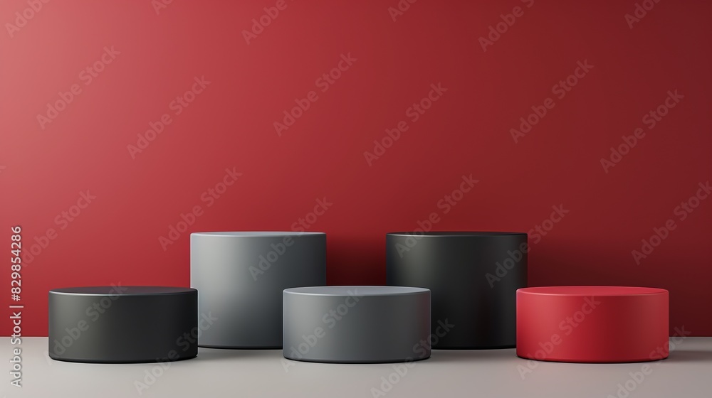 A minimalist image featuring five cylindrical podiums of varying heights and colors (black, gray, and red) against a red background A minimalist image featuring five cylindrical podiums of varying heights and colors (black, gray, and red) against a red background