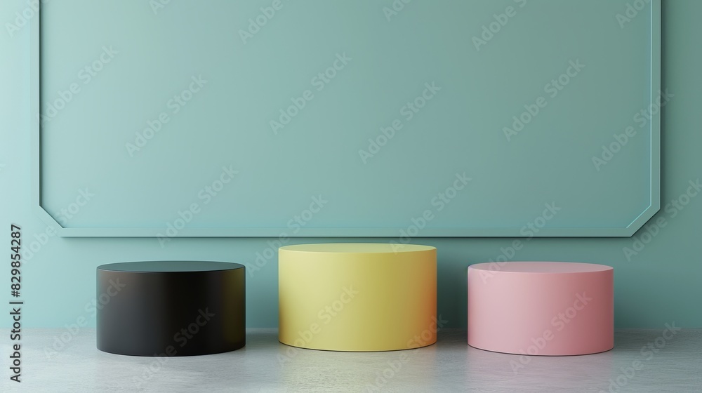 Three cylindrical podiums in black, yellow, and pink against a teal wall Three cylindrical podiums in black, yellow, and pink against a teal wall