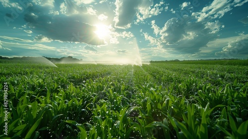 A sun-beamed green crop field with irrigation sprinklers casting water droplets in a serene farm environment photo