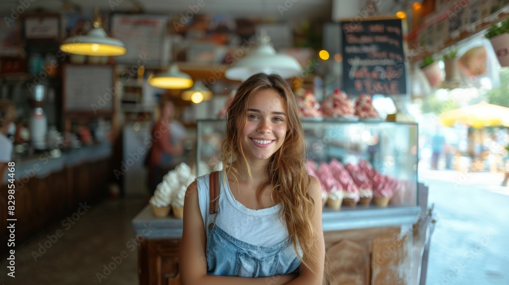 A young woman smiles at the camera with a blurred café interior in the background, creating a friendly atmosphere A young woman smiles at the camera with a blurred café interior in the background, creating a friendly atmosphere