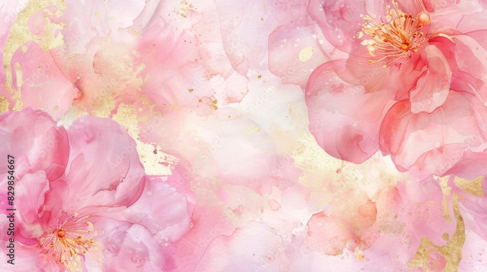 Watercolor illustration of pink flowers with gold foil accents Watercolor illustration of pink flowers with gold foil accents
