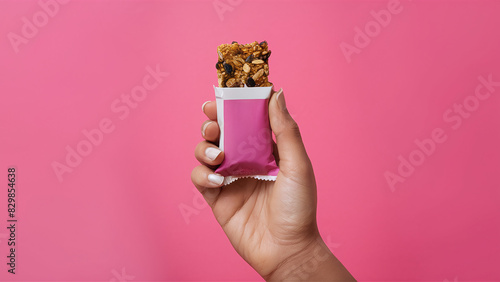 female hand holding a organic granola energy bar, pink plain background