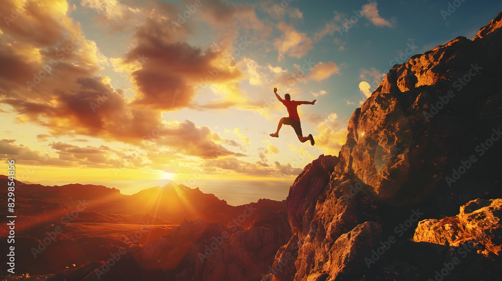© Sami - Man jumping over precipice between two rocky mountains at sunset. Freedom, risk, challenge, success