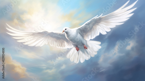 White dove, a symbol of peace, flew gracefully with its wings outstretched, each feather reflecting holy light of the spirit as the bird soared through the sky. dove, white, holy, feather, peace.