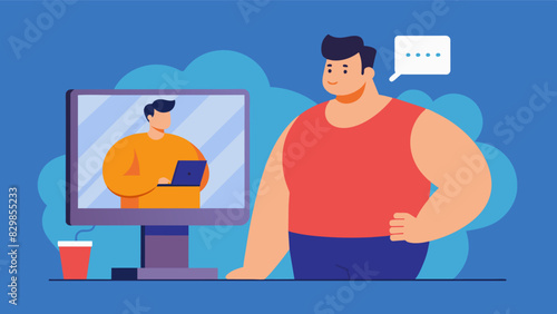 A man watches a commercial for a weight loss program feeling selfconscious about his own body and motivated to change it by purchasing the advertised product.. Vector illustration