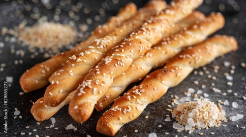 Sesame seed covered Italian bread sticks or grissini with salt
