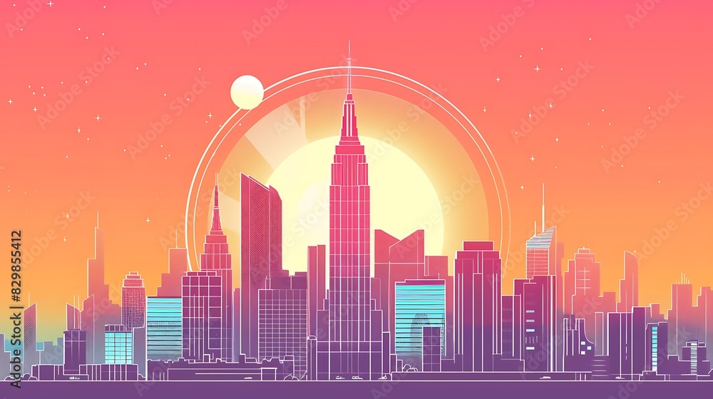 Cityscape illustration with a large sun in the background. The illustration is in a retro style and has a limited color palette.