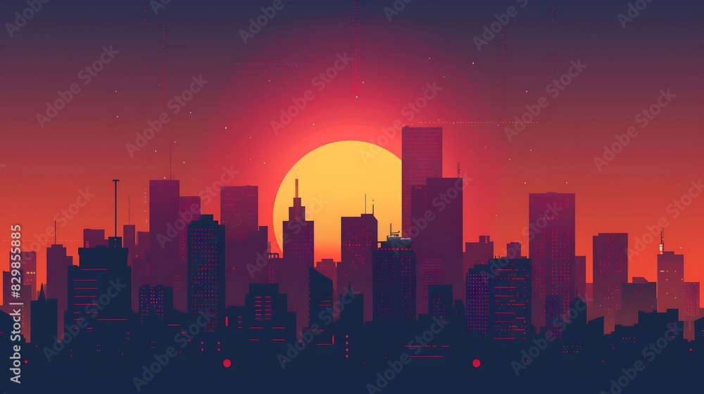 A beautiful sunset over a city. The warm colors of the sky and the city lights create a stunning scene.
