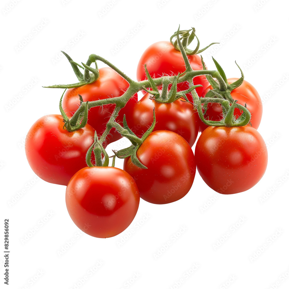 Cherry tomatoes on vine, isolated on transparent background, perfect for food and culinary uses. Cherry tomatoes on vine, isolated on transparent background, perfect for food and culinary uses.