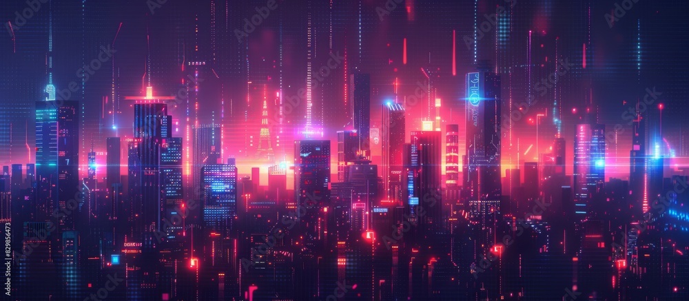 Naklejka premium Futuristic Cityscape Illuminated with Neon Lights, Hi-Tech Urban Landscape, futuristic technology concept, graphic banner design