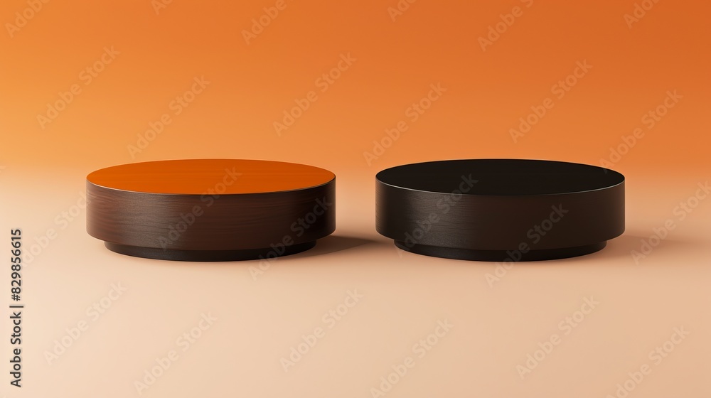 Two round, modern, minimalist coffee tables with wooden bases. One table has an orange top, and the other has a black top. The background is a gradient of orange and beige Two round, modern, minimalist coffee tables with wooden bases. One table has an orange top, and the other has a black top. The background is a gradient of orange and beige