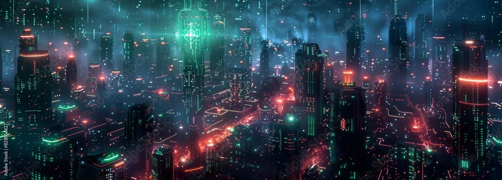 Futuristic Cityscape Illuminated with Neon Lights, Hi-Tech Urban Landscape, futuristic technology concept, graphic banner design Futuristic Cityscape Illuminated with Neon Lights, Hi-Tech Urban Landscape, futuristic technology concept, graphic banner design