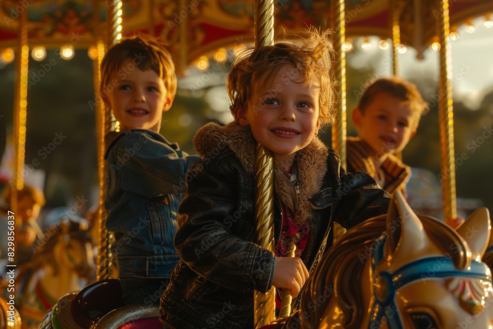 Two joyful children happily spinning around on a colorful merry go round ride at the amusement park. Two joyful children happily spinning around on a colorful merry go round ride at the amusement park.