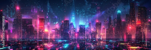 Futuristic Cityscape Illuminated with Neon Lights  Hi-Tech Urban Landscape  futuristic technology concept  graphic banner design