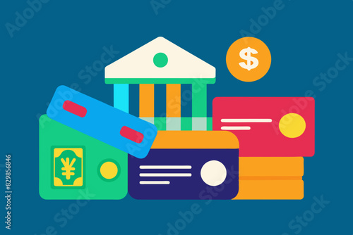 Banking services using bank cards on blue background