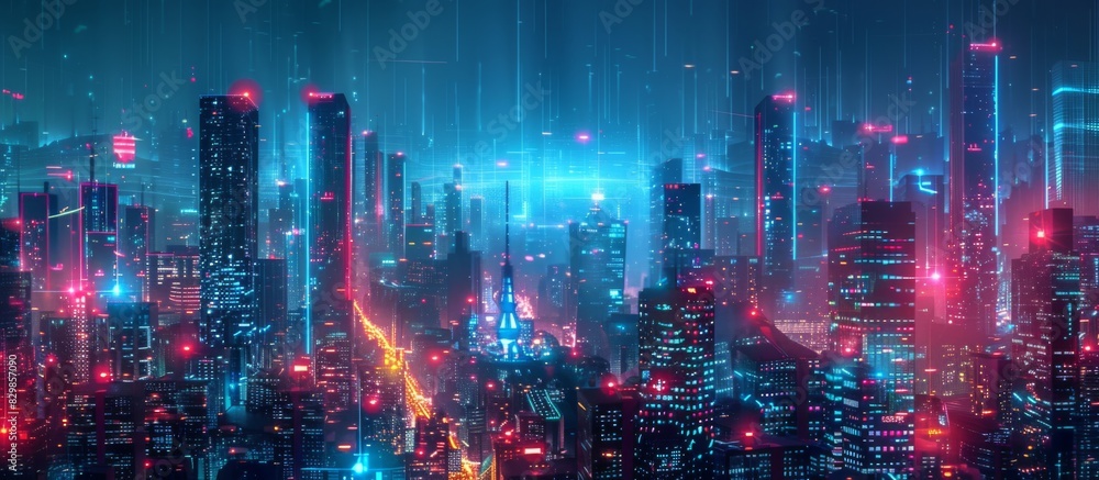 Futuristic Cityscape Illuminated with Neon Lights, Hi-Tech Urban Landscape, futuristic technology concept, graphic banner design